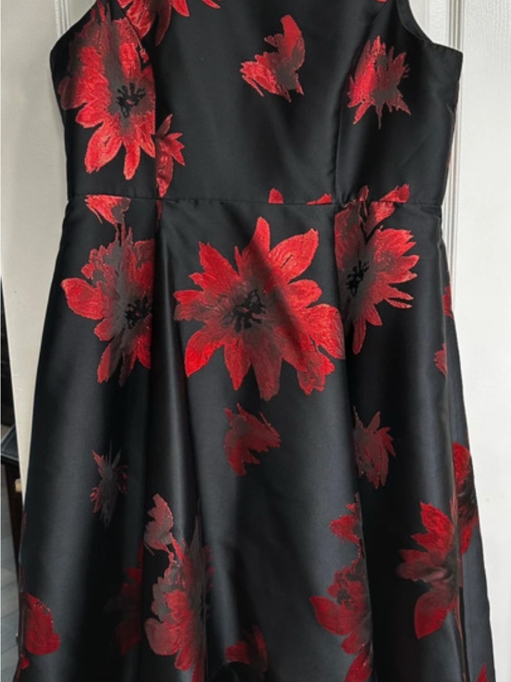 Calvin Klein Black and Red Satin Dress with Floral Detail - Picture 4 of 9